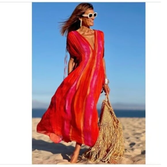 NWT ZARA WOMAN SLEEVELESS V-NECK BEAD APPLIQUES TIE-DYE MIDI DRESS M 7521/253 - Picture 1 of 9